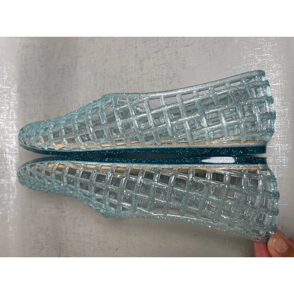 Madden NYC Kids Blue Glitter Jelly Flats Woven Cage Fisherman Shoes Big Girls 4